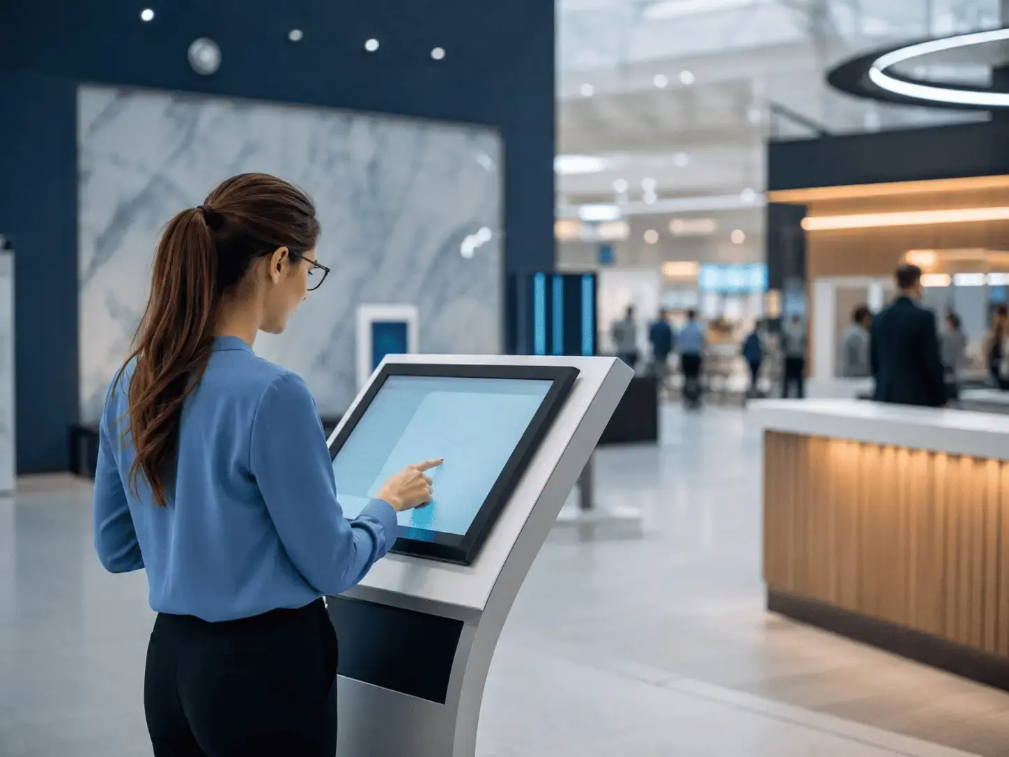 Recepção de edifício comercial com totem de autoatendimento