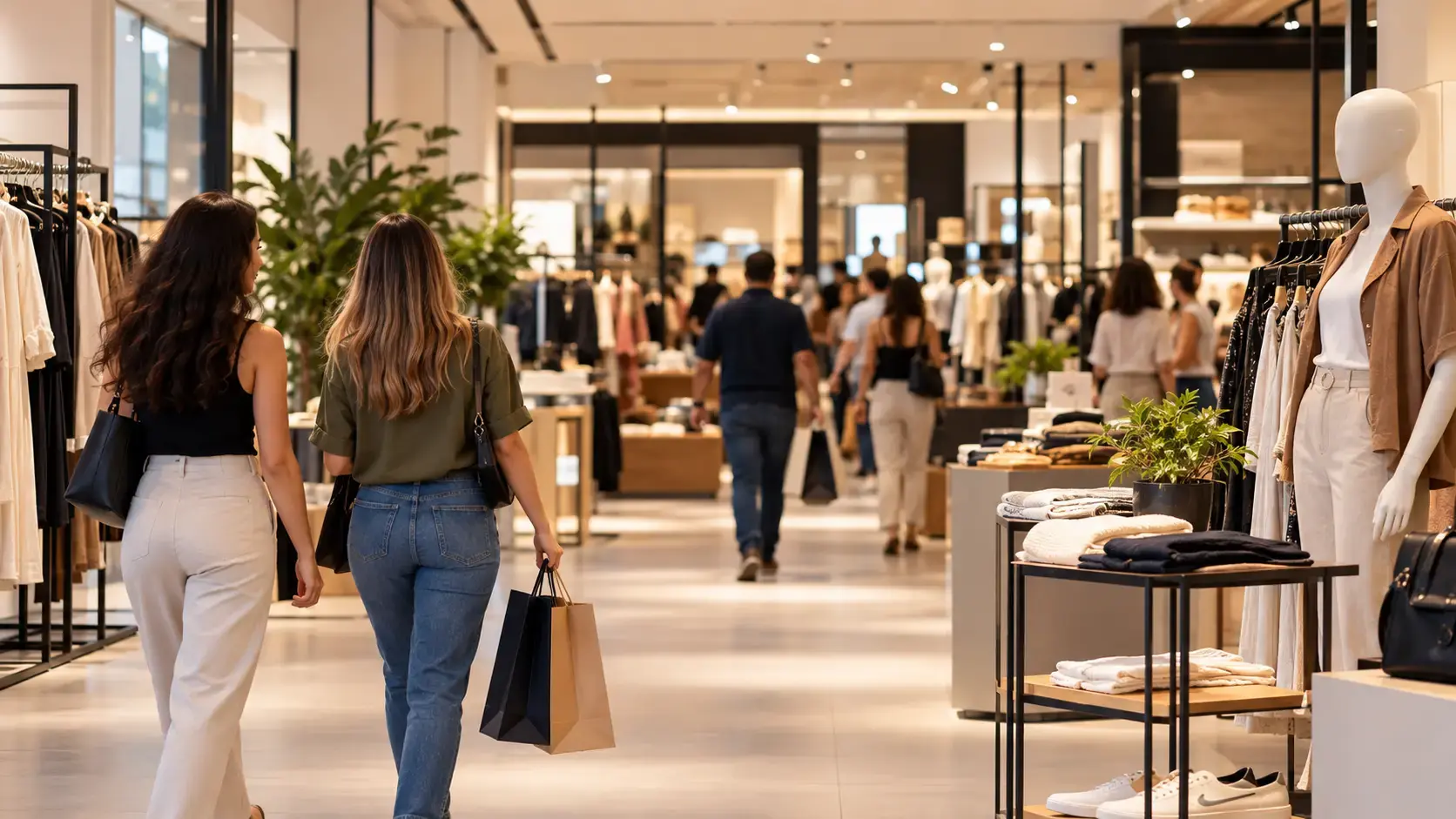 Clientes con bolsas de compras recorriendo el interior de una tienda de ropa