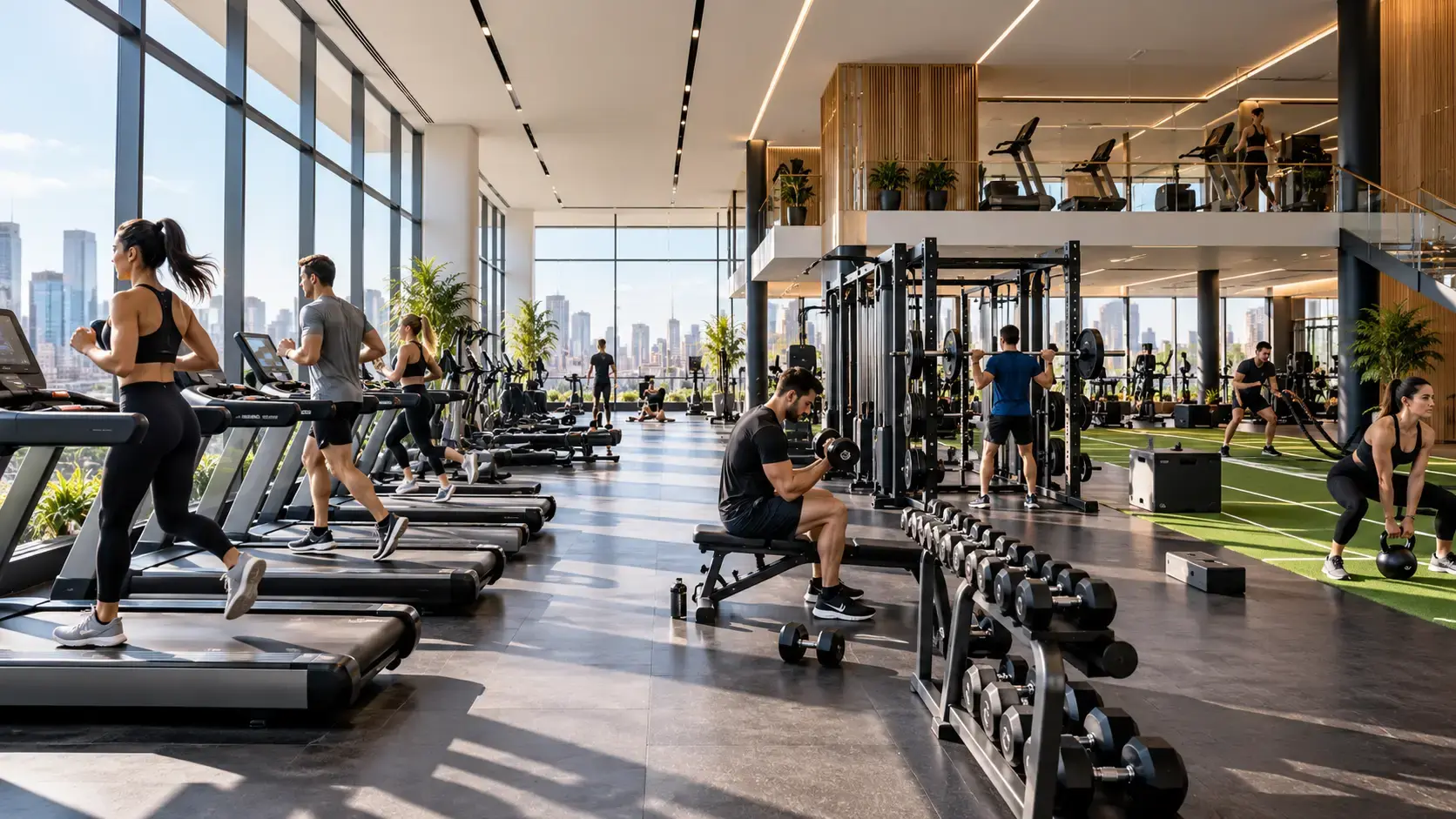 Academia com alunos treinando em esteiras e área de musculação