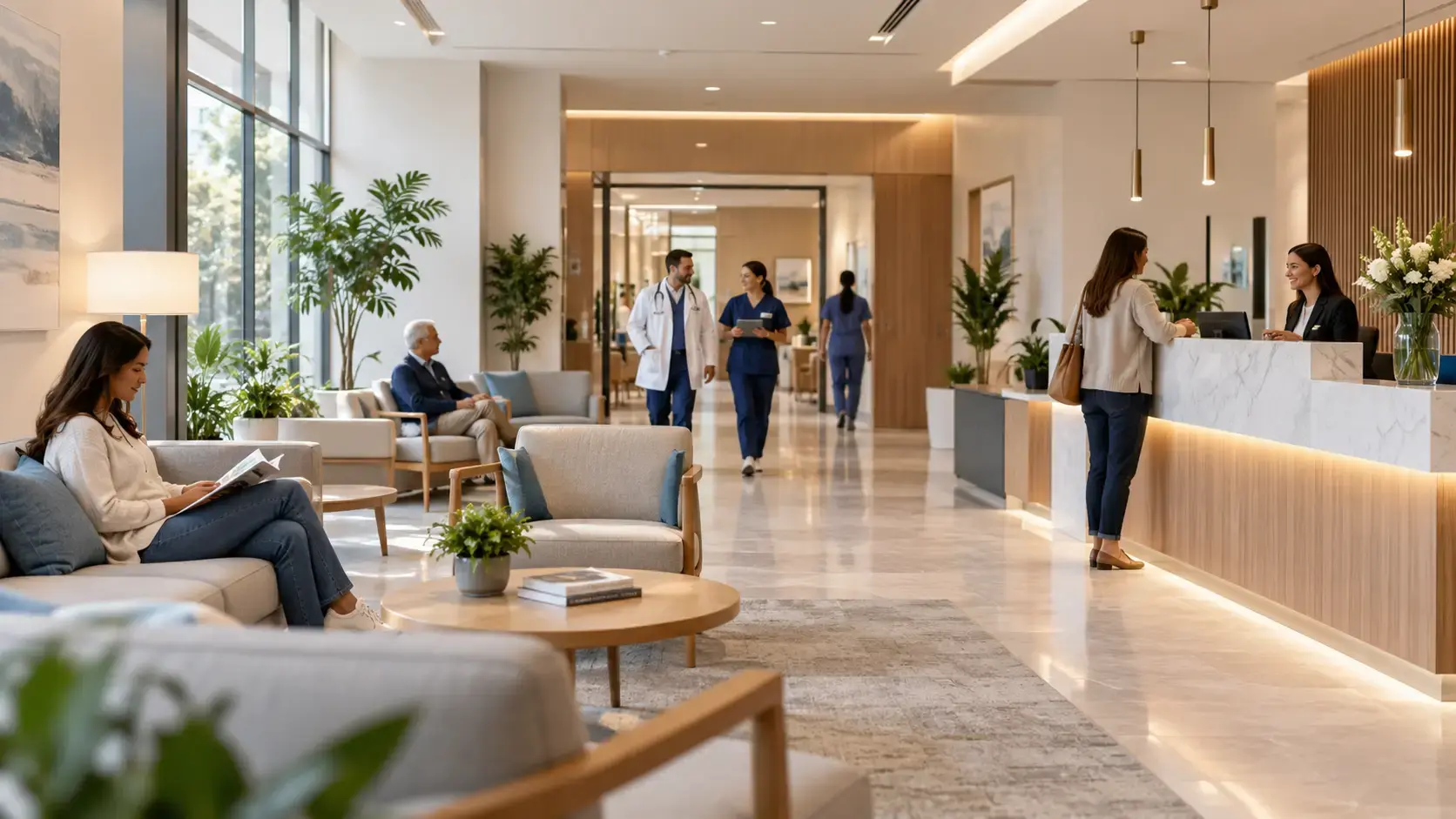Recepção e sala de espera de uma clínica com pacientes e profissionais de saúde