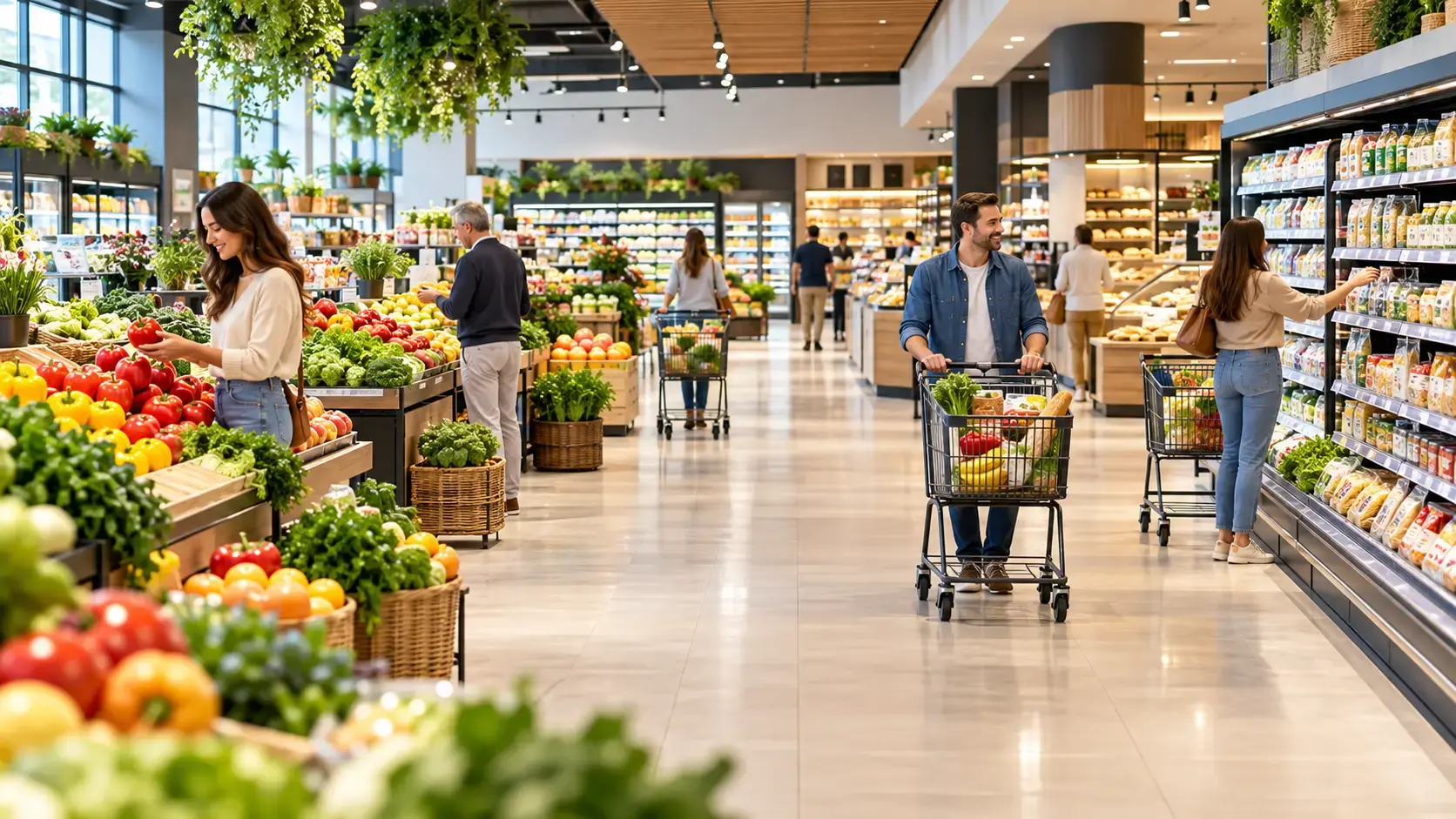 Clientes com carrinhos de compras nos corredores de um supermercado