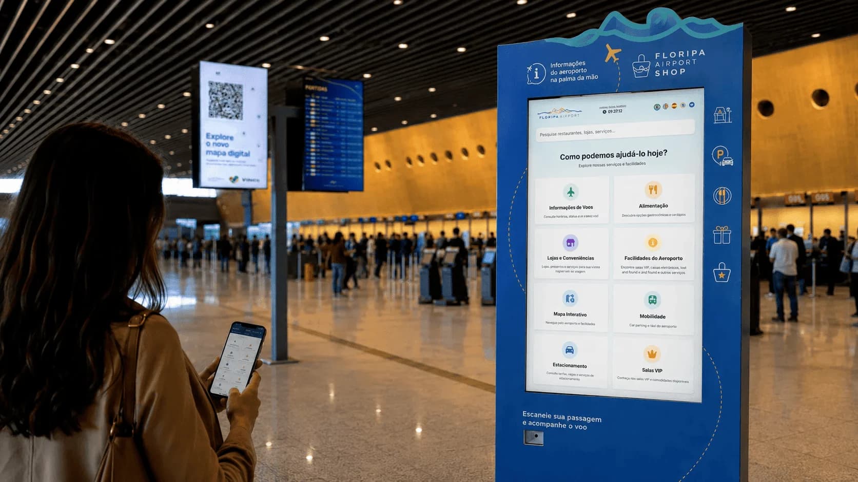 Interface do Bluhub aplicada no Floripa Airport para informações ao passageiro
