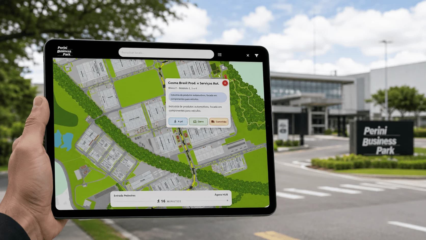 Blumaps aplicado no Perini Business Park para orientação e rotas internas